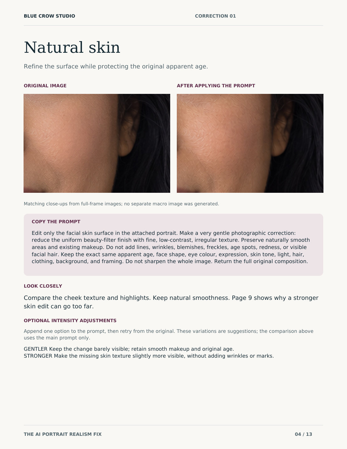 Inside page: the natural skin correction, original beside the edited result
