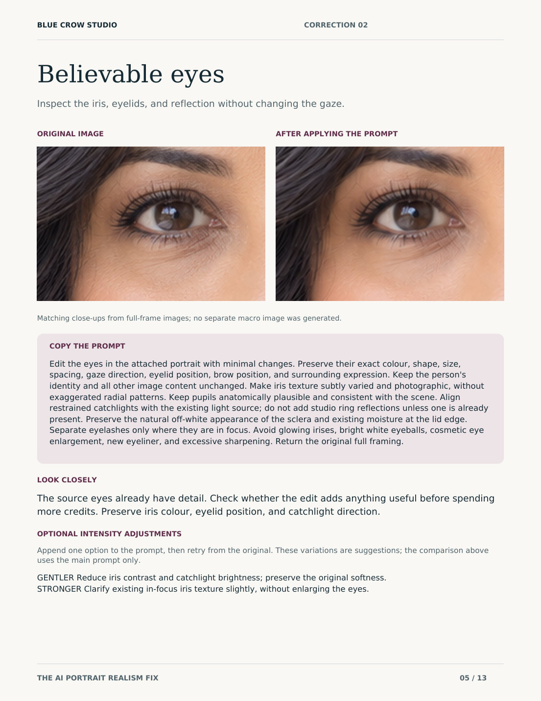 Inside page: the believable eyes correction, original beside the edited result